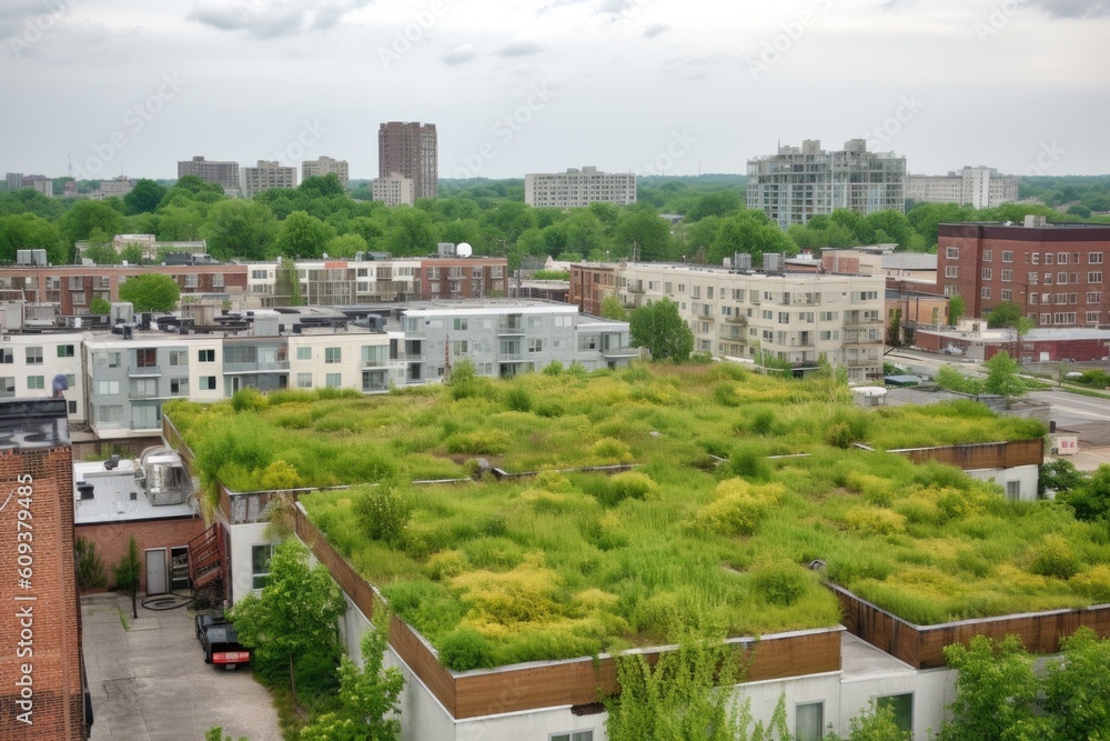 green rooftops on residential buildings, with views of the surrounding neighborhood, created with generative ai