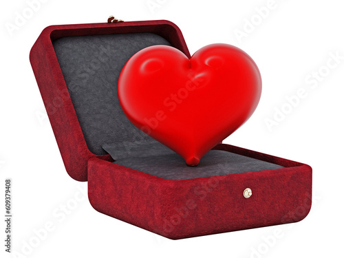 Red heart inside red velvet ringbox on transparent background. 3D illustration photo