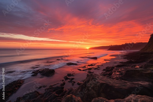 coastline with a view of the sunset, showcasing vivid orange and pink sky, created with generative ai