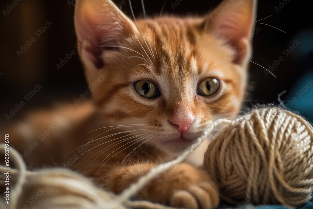 playful kitten playfully pawing at ball of yarn, created with generative ai playful kitten playfully pawing at ball of yarn, created with generative ai