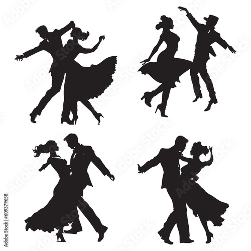 silhouettes of dancing people group vector illustration. Dancing man and woman, couple silhouette set