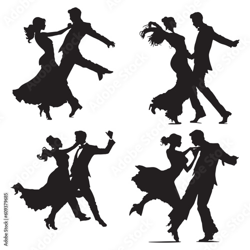 silhouettes of dancing people group vector illustration. Dancing man and woman, couple silhouette set