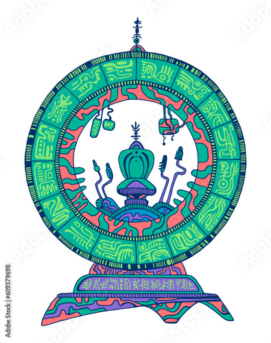 Colorful cartoon time travel machine, isolated on white background. Decorative sci fi time machine future cyberpunk style.