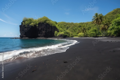 remote island with black sand beach and crystal-clear waters, created with generative ai