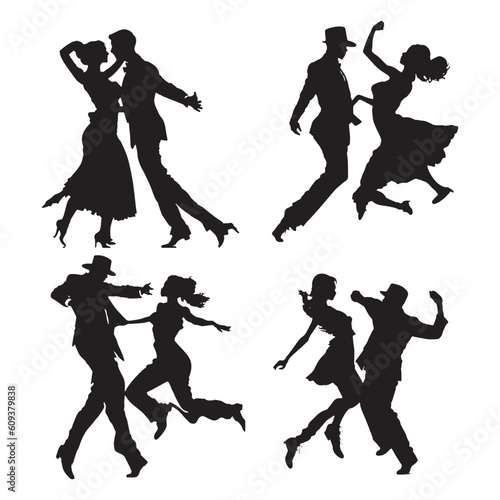 silhouettes of dancing people group vector illustration. Dancing man and woman, couple silhouette set