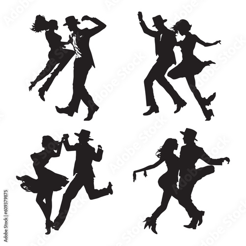 silhouettes of dancing people group vector illustration. Dancing man and woman, couple silhouette set