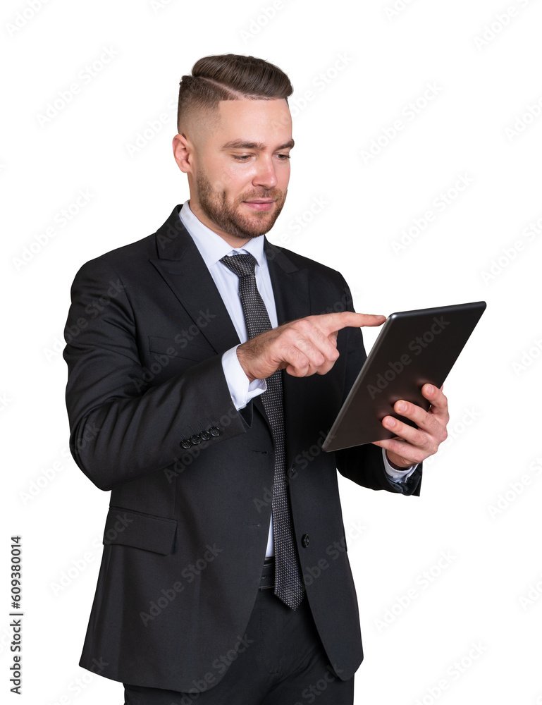 Bearded European businessman using tablet, isolated Bearded European businessman using tablet, isolated