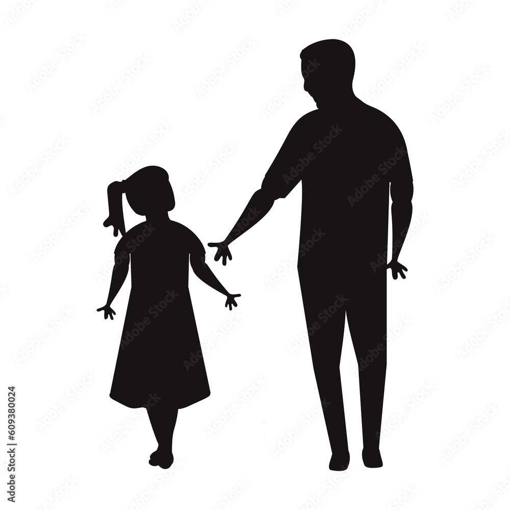 Black silhouette of Father's day with children's isolated on transparent background 