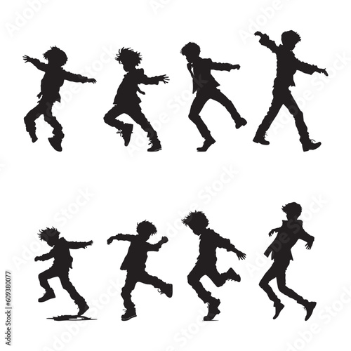 silhouettes of dancing boy group vector illustration. Dancing boy, dancing kid silhouette set	