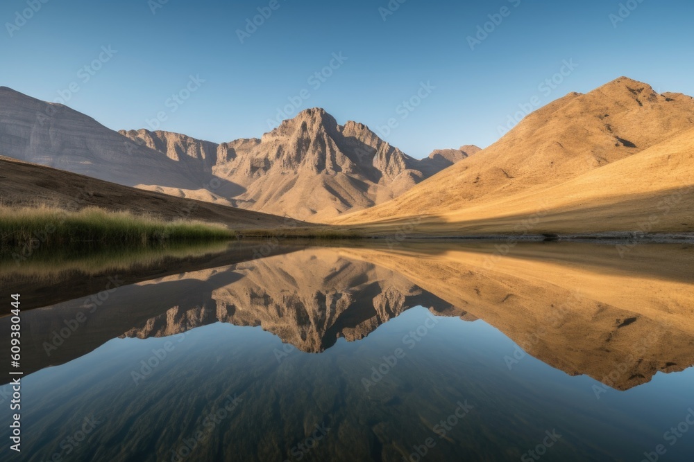 reflection of towering mountain range in tranquil lake, created with generative ai