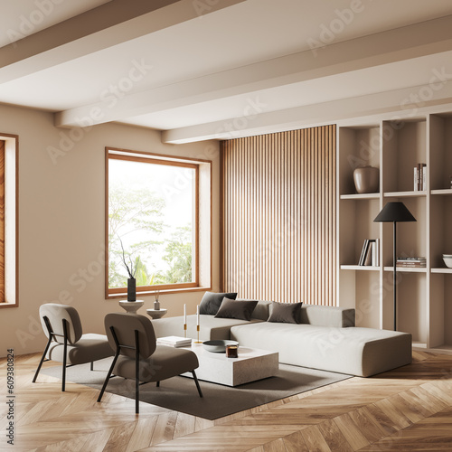 Cozy white and wooden living room corner with armchairs and sofa