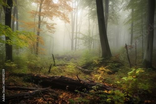 quiet forest with misty morning fog, a great setting for meditation, created with generative ai
