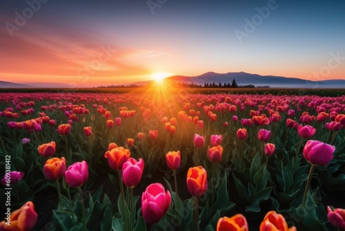 tulip field at sunrise, with pink and orange hues on the horizon, created with generative ai