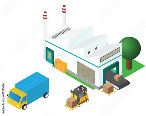 Vector isometric icon set representing factory building with pipes, truck, goods coming from conveyor and forklift
