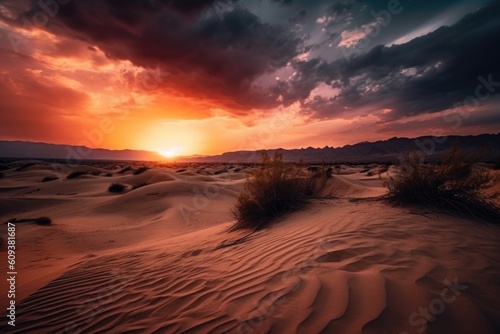mesmerizing sunset over a desert with dramatic colors and clouds  created with generative ai