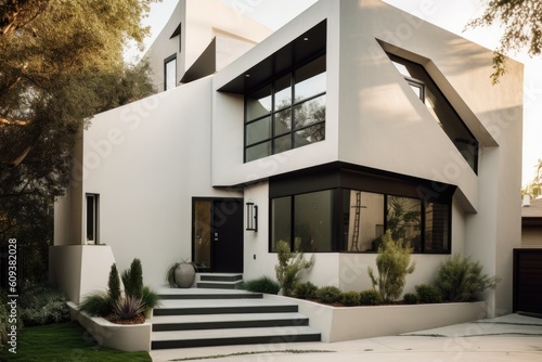 stucco exterior with modern angular design element and minimalist accent  created with generative ai