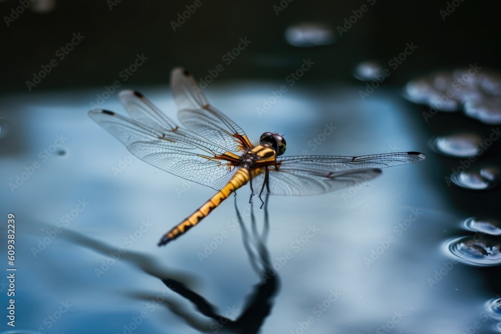 macro shot of dragonfly hovering above water, created with generative ai macro shot of dragonfly hovering above water, created with generative ai
