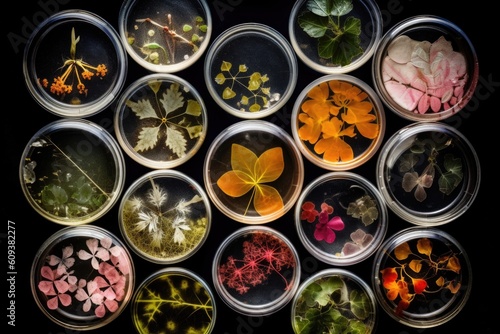 cluster of petri dishes with various cultures growing in parallel  created with generative ai