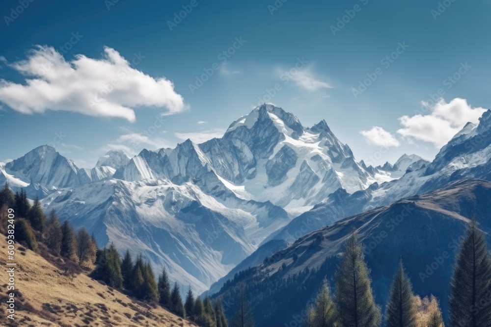 majestic mountain range, with snow-capped peaks and blue skies, created with generative ai