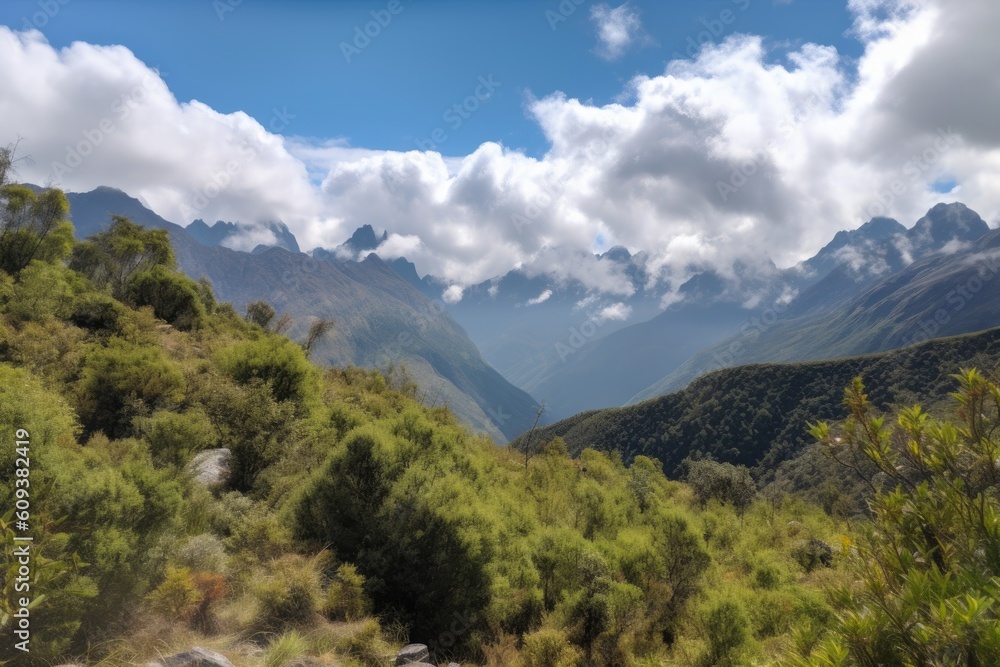 mountain range with clear blue sky and fluffy clouds, surrounded by greenery, created with generative ai mountain range with clear blue sky and fluffy clouds, surrounded by greenery, created with generative ai