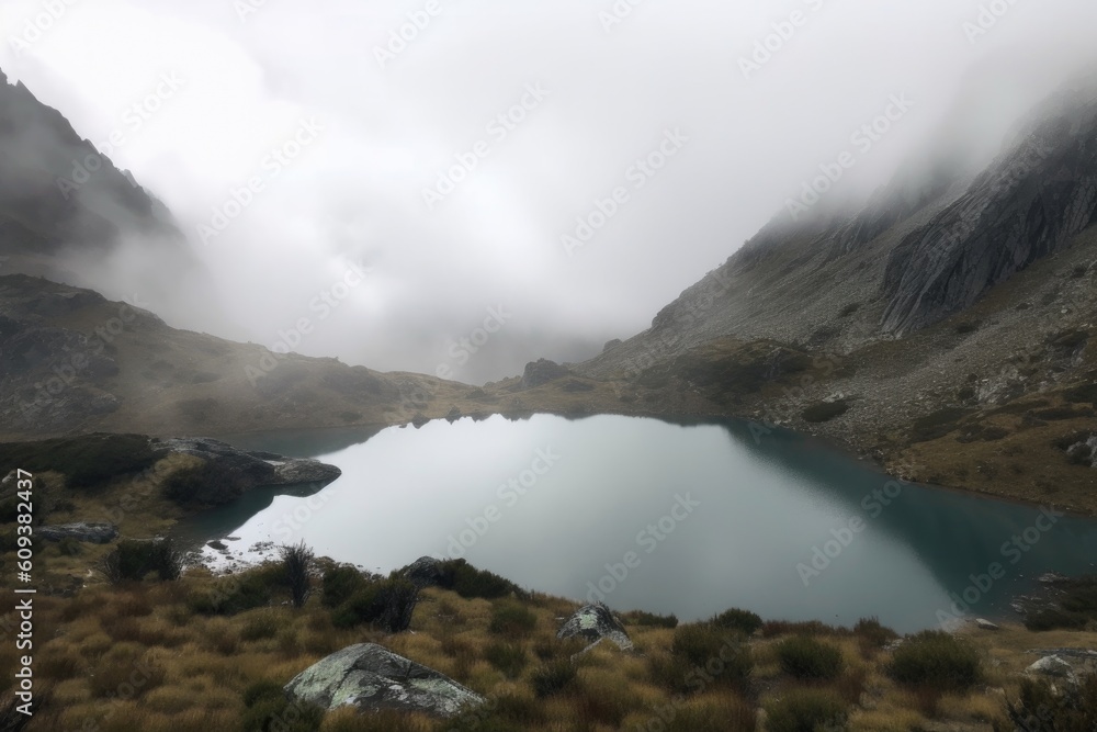 mountain lake, with the view obscured by mist and clouds, surrounded by snow-capped peaks, created with generative ai mountain lake, with the view obscured by mist and clouds, surrounded by snow-capped peaks, created with generative ai