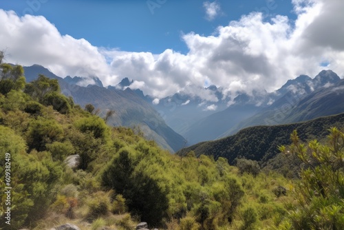 mountain range with clear blue sky and fluffy clouds, surrounded by greenery, created with generative ai