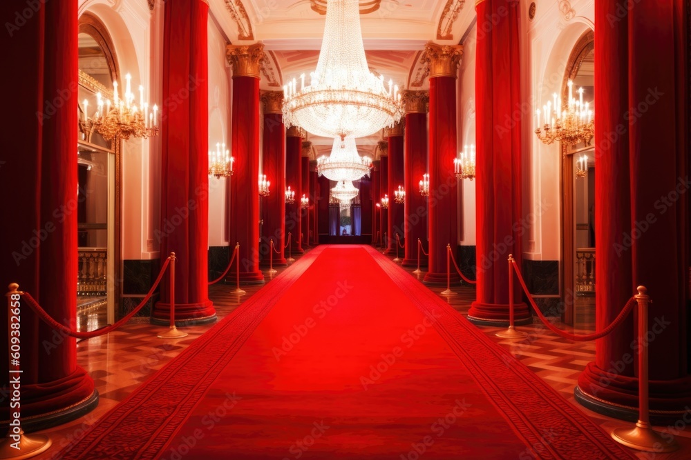 red carpet leading to grand entrance, with towering columns and dazzling chandelier in the background, created with generative ai