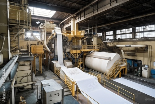 pulp and paper mill, with large machines running and workers operating machinery, created with generative ai