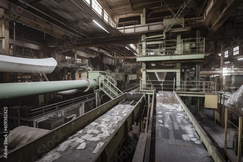 pulp and paper factory, with conveyor belts and industrial machinery visible in the background, created with generative ai