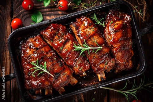 American style pork ribs. Delicious smoked pork spareribs glazed in BBQ sauce. Top view. 