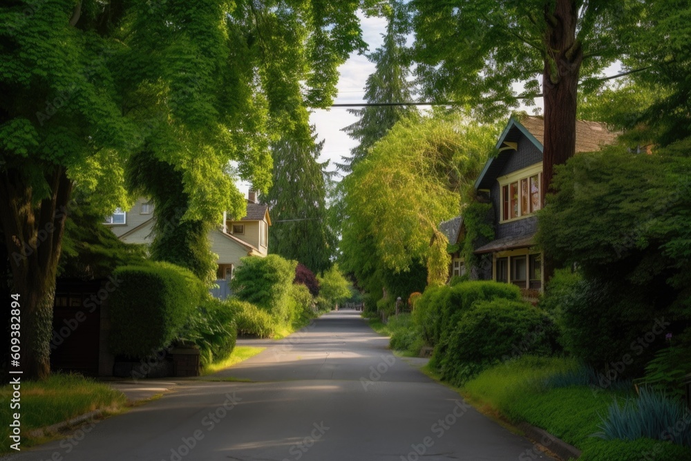 secluded residential neighborhood with lush trees and foliage, created with generative ai