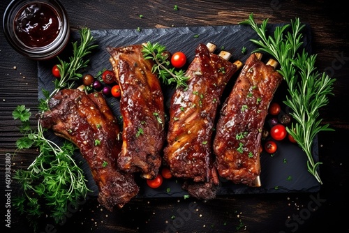 American style pork ribs. Delicious smoked pork spareribs glazed in BBQ sauce. Top view. 