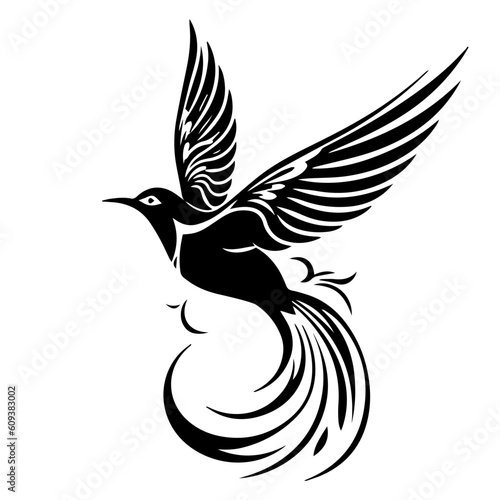 Dynamic and captivating flying bird tribal tattoo, combining tribal motifs and avian elements. Embodying power, agility, and the desire for adventure. Generative AI