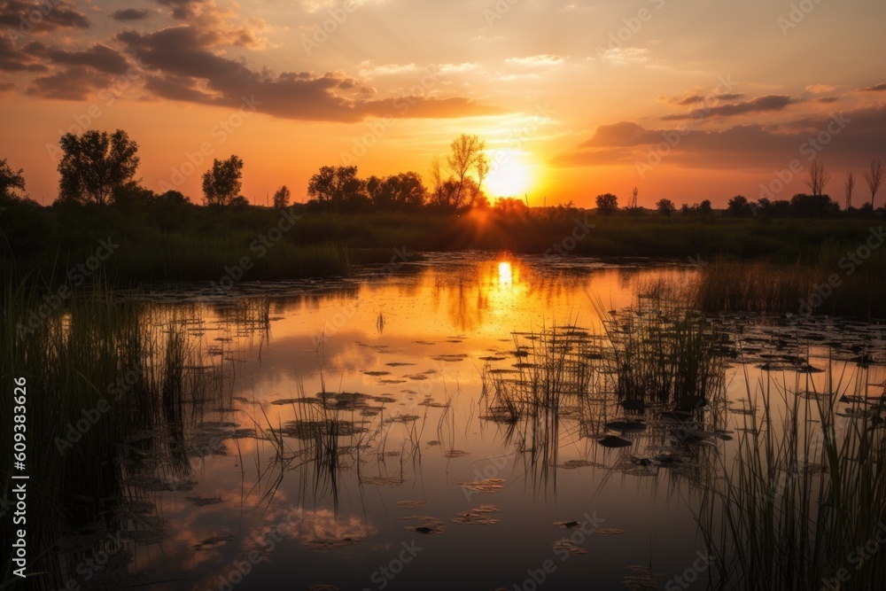 wetlands and marshes, with view of the sunset over a lake, created with generative ai