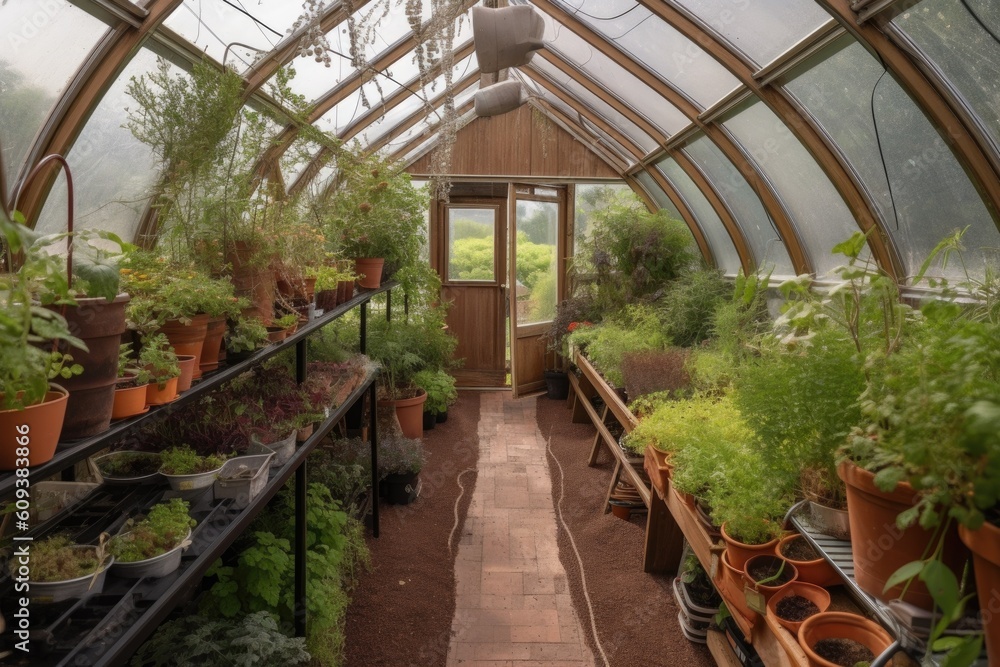 greenhouse with herbs and spices growing in hanging baskets, created with generative ai