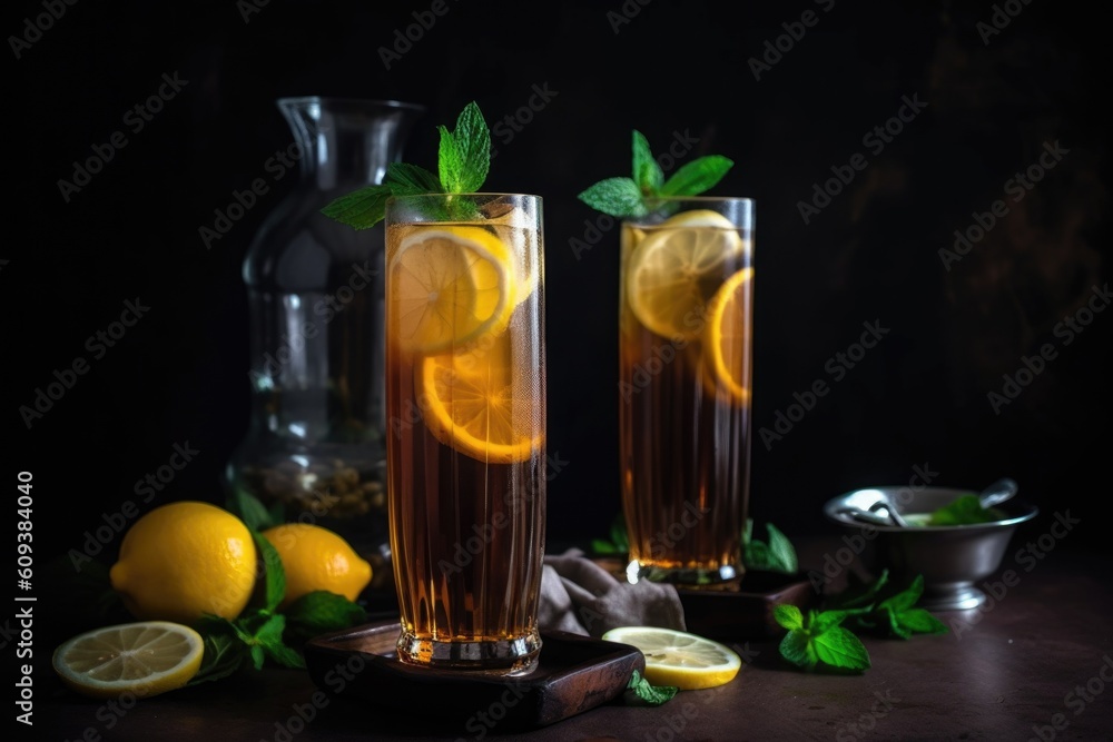iced tea with mint and lemon slices in tall glass, created with generative ai iced tea with mint and lemon slices in tall glass, created with generative ai