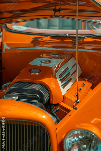 Orange car engine, under the hood, mechanics, classic car automobile vehicle, grill and gearbox, air filter, bright colours