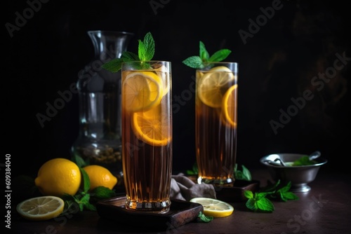 iced tea with mint and lemon slices in tall glass, created with generative ai