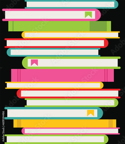 Stack of colorful books on black background. Vector illustration.
