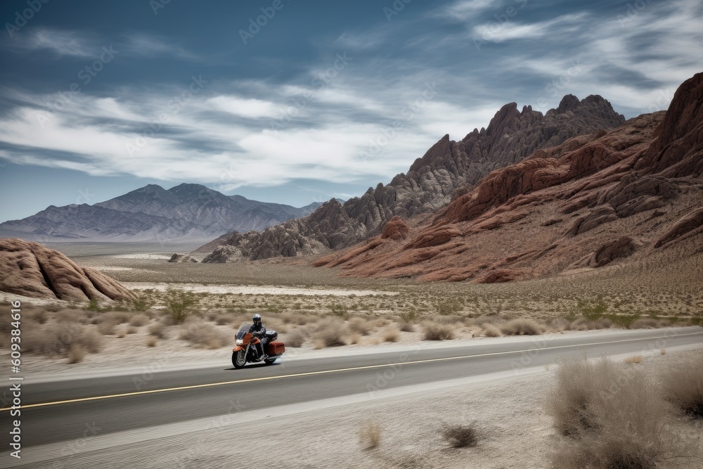 motorcycle speeding past scenic mountain range, created with generative ai motorcycle speeding past scenic mountain range, created with generative ai