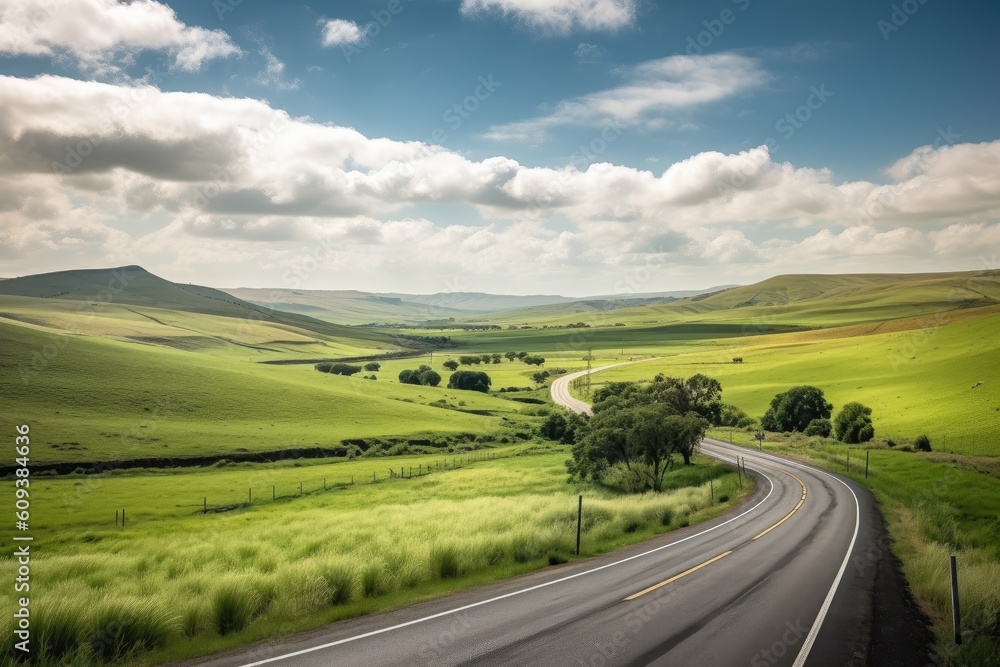 scenic highway with view of rolling hills and farmland, created with generative ai