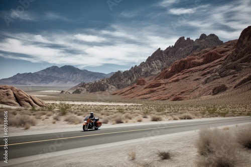 motorcycle speeding past scenic mountain range, created with generative ai © Alfazet Chronicles