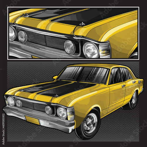 yellow drag race illustration isolated in black background for poster, t-shirt, graphic design, business element, and card