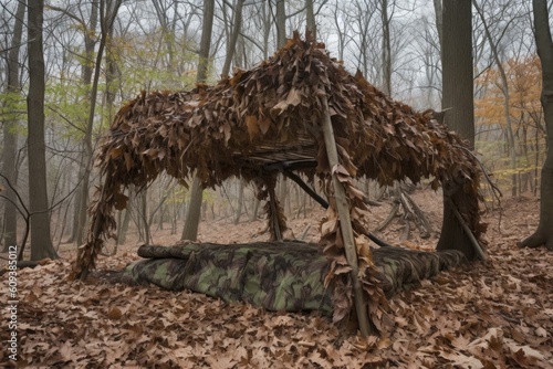 shelter made of leaves, branches, and twigs, created with generative ai