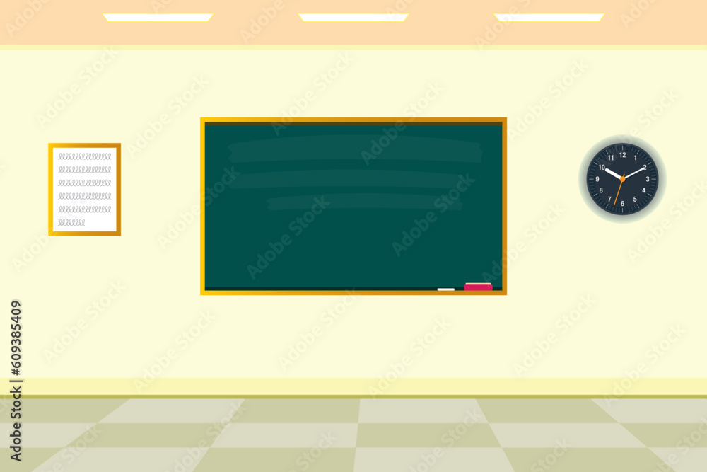 Empty class. School chalkboard. Black board. Classroom blackboard, clock and floor. school clock. Physics class. Empty class. School chalkboard. Black board. Classroom blackboard, clock and floor. school clock. Physics class.