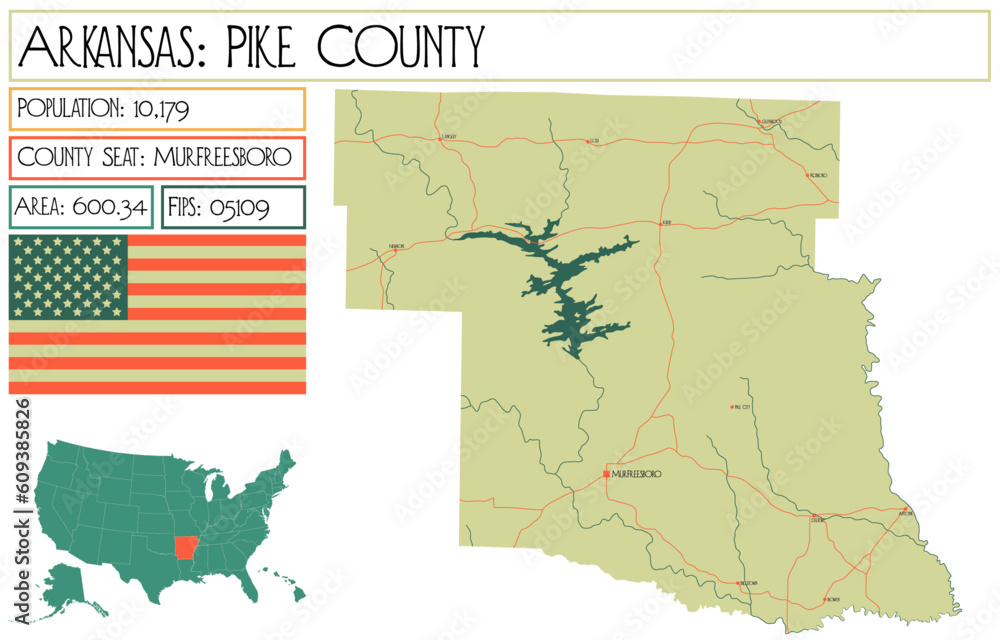 Large and detailed map of Pike County in Arkansas, USA.