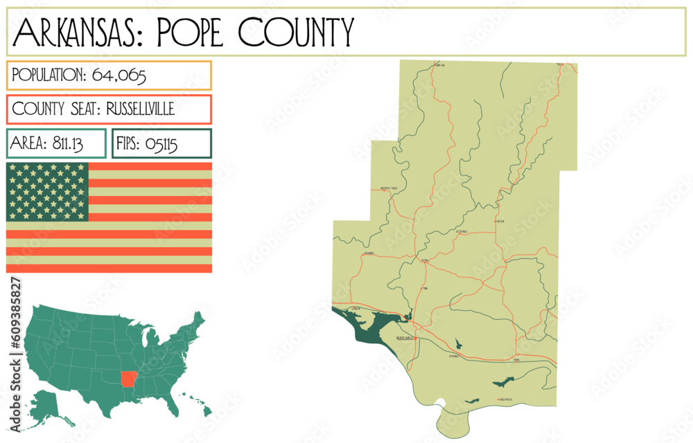 Large and detailed map of Pope County in Arkansas, USA.