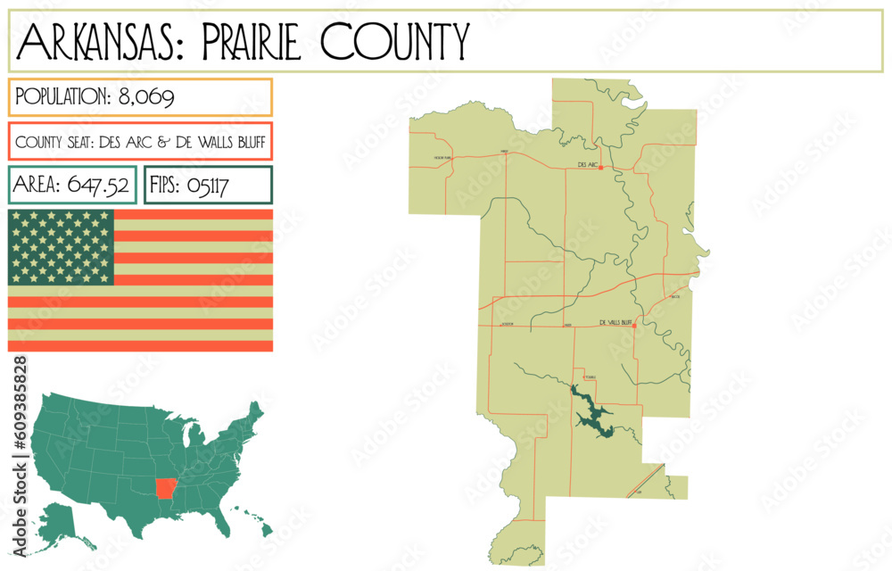 Large and detailed map of Prairie County in Arkansas, USA.