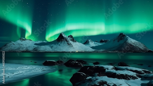 Glowing green Northern Lights in a night sky, generative AI 