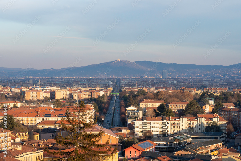 view of the Metropolitan City of Turin (Piedmont, Italy) from the Castle of Rivoli. Corso Francia, Superga